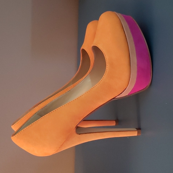 Brand new Aldo 'Antonini' platform suede pumpkin, tan and purple 5" heels - Picture 8 of 12